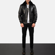 Model wearing mens black G1 leather flight jacket