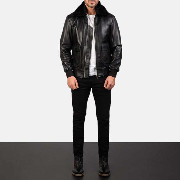 Model wearing mens black G1 leather flight jacket