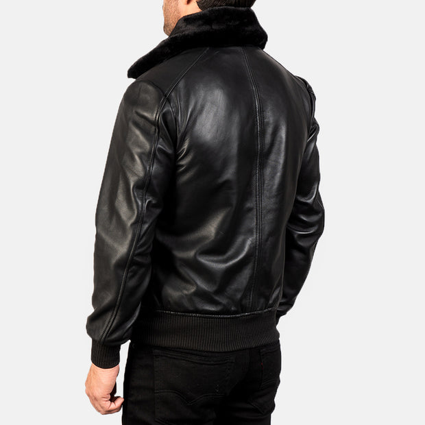 Mens black G1 leather flight jacket back view