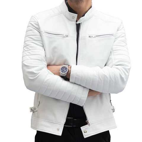 Mens white leather biker jacket front view