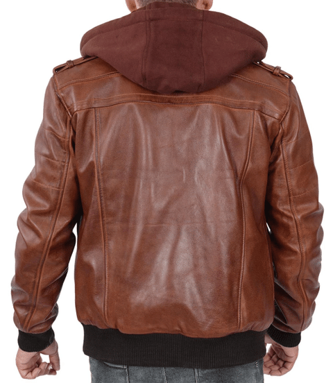 Mens brown leather hooded biker jacket back view