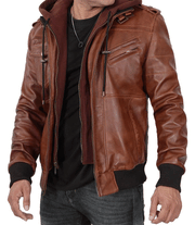 Mens brown leather hooded biker jacket side view