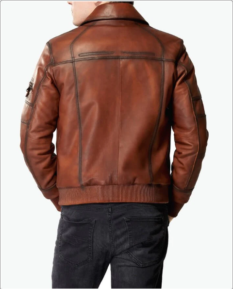 Mens tan leather motorcycle jacket back view