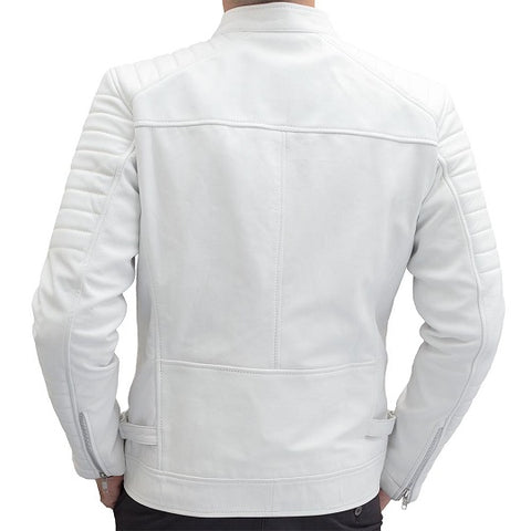 Mens white leather biker jacket back view