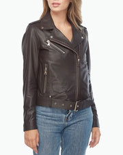 Womens black leather moto jacket front view