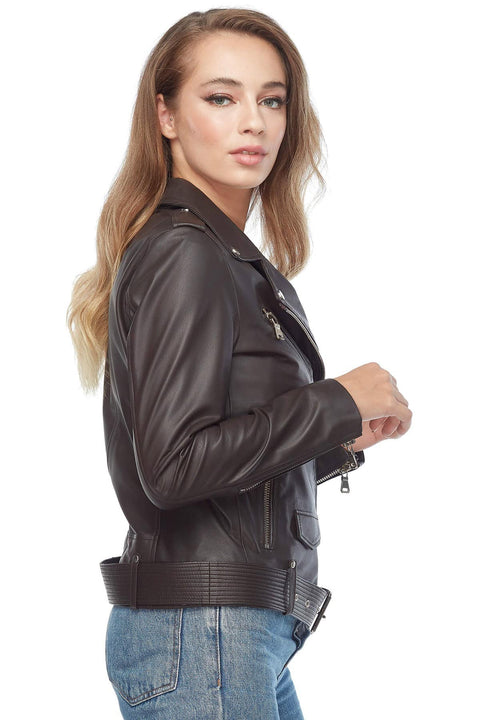 Womens black leather moto jacket side view