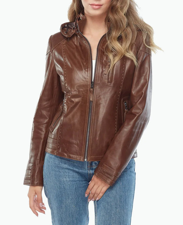 Womens hooded brown biker leather jacket front view