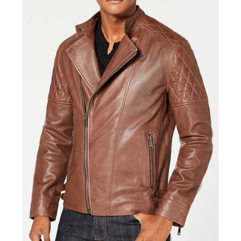 Mens quilted brown leather motorcycle jacket front view