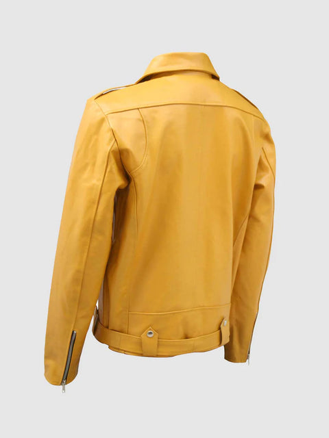 Mens yellow biker leather jacket back view