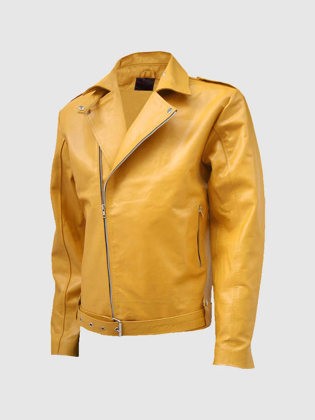 Mens yellow biker leather jacket front view