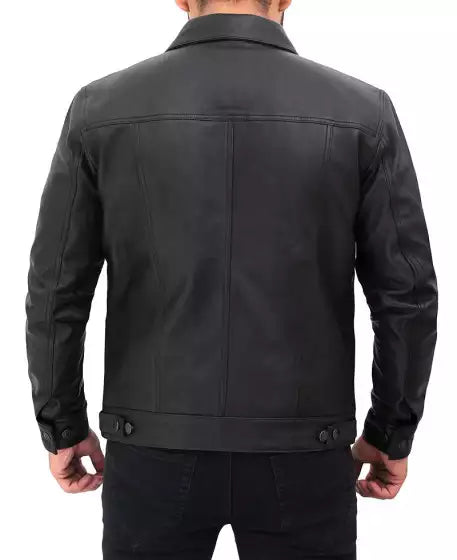 Mens black leather trucker jacket back view