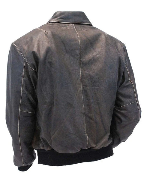 Mens vintage black leather bomber jacket back view