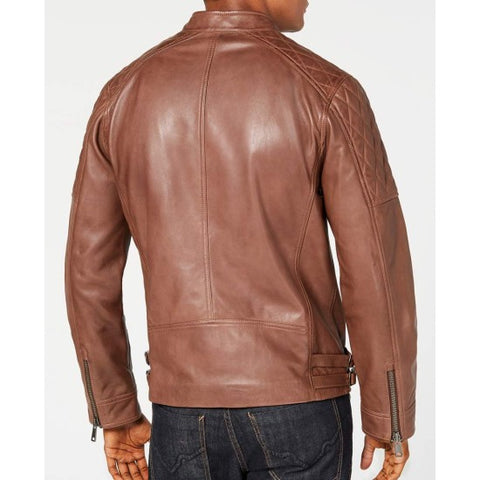 Mens quilted brown leather motorcycle jacket back view