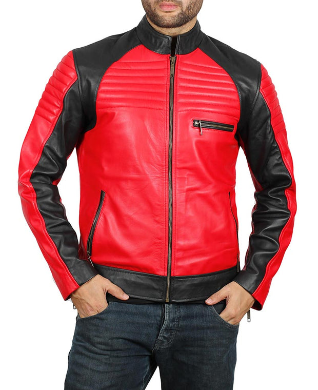 Mens vintage red leather biker jacket front view