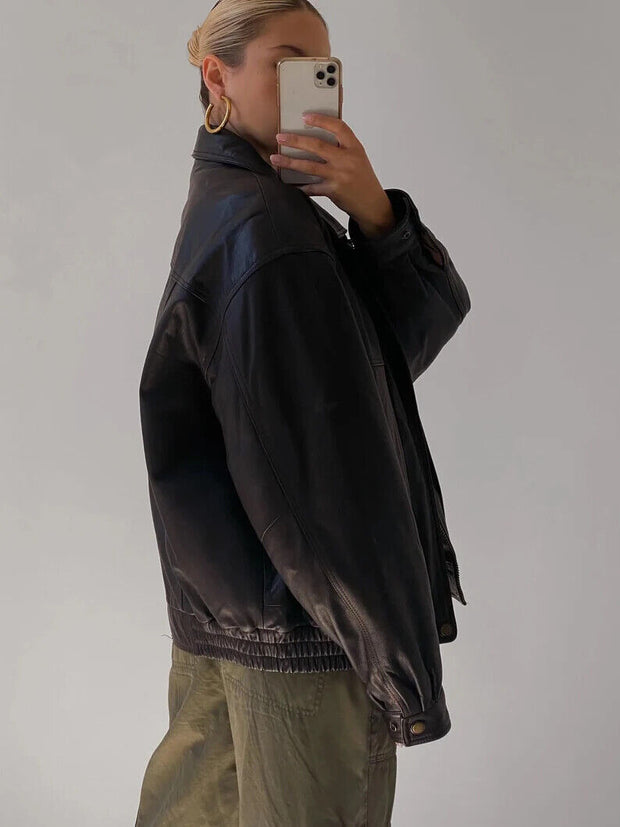 asthetic black bomber leather jacket womens
