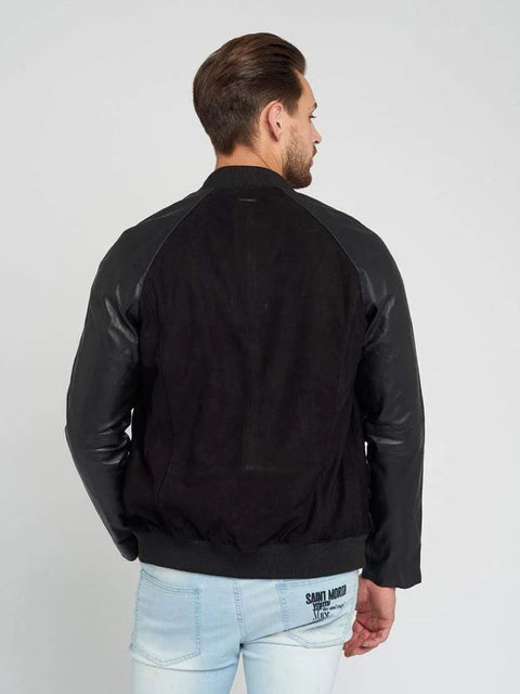 Mens black suede leather jacket back view