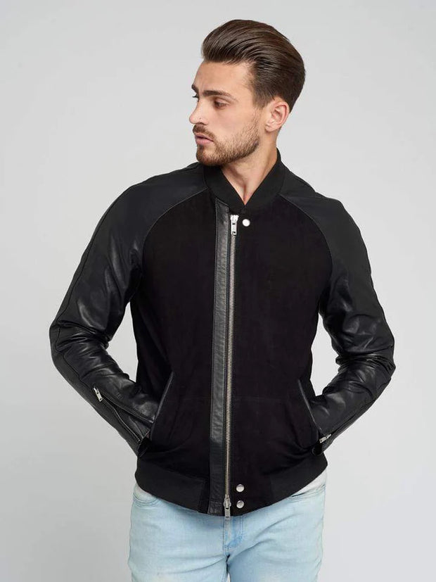 Mens black suede leather jacket front view