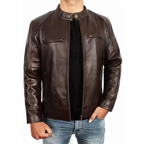 Mens brown moto racer leather jacket front view