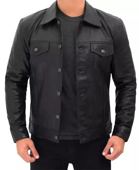 Mens black leather trucker jacket front view