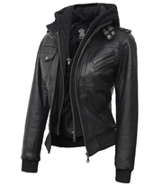 black leather jacket with hoodie women's