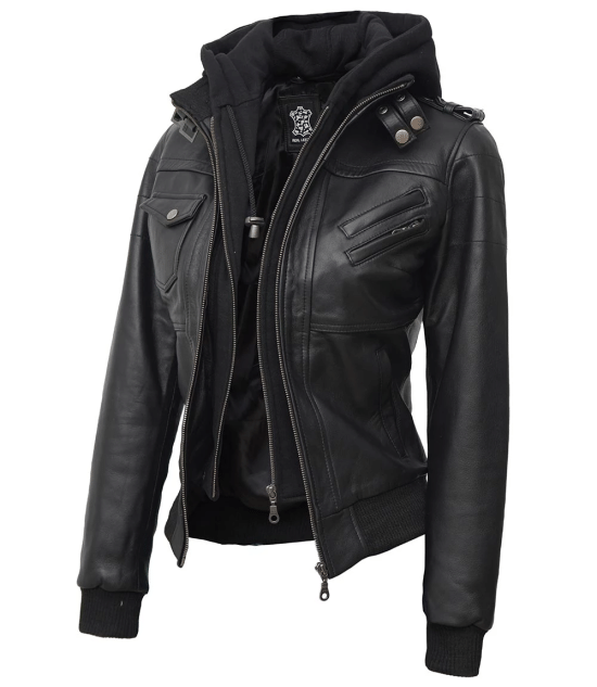 Womens black leather bomber jacket with removeable hood side view