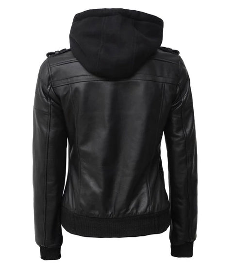 Womens black leather bomber jacket with removeable hood back view