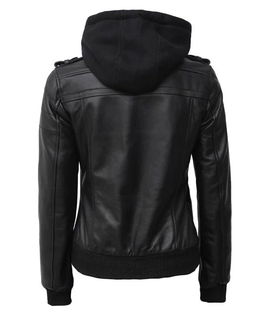 black leather jacket with hood